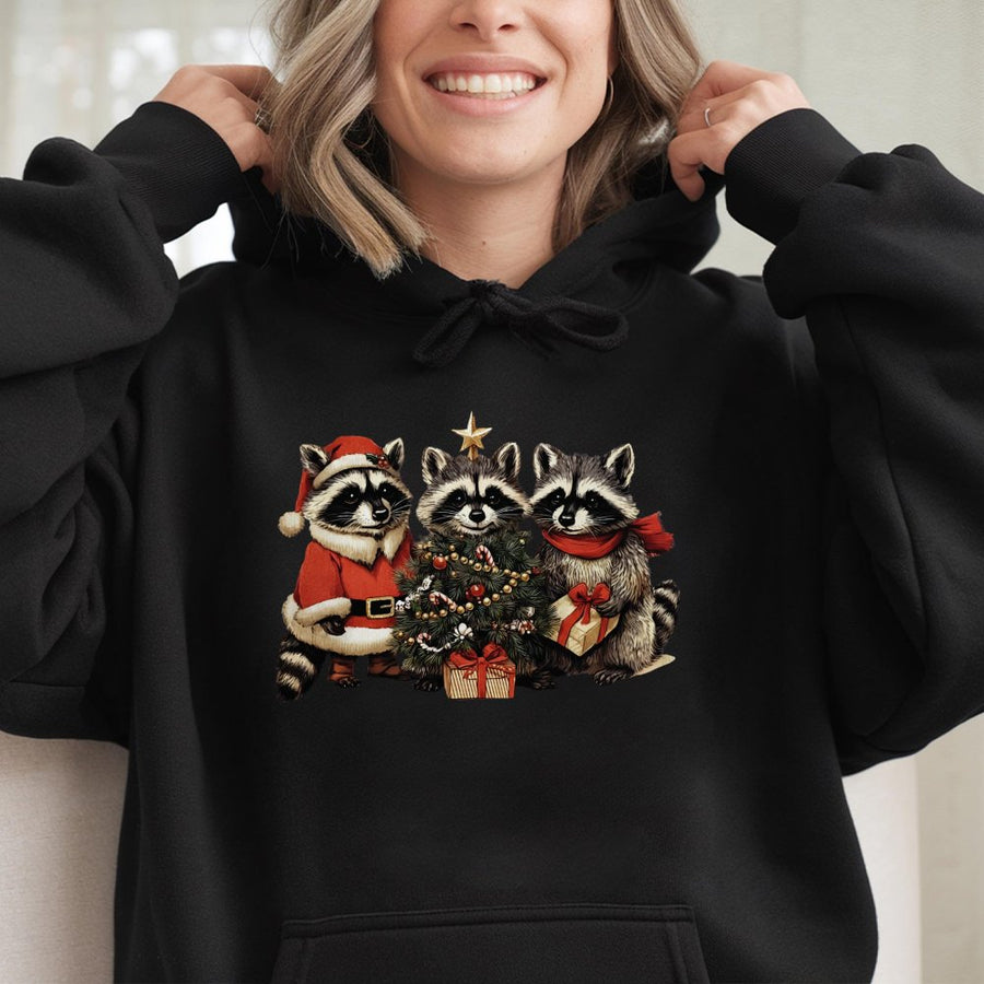 Christmas Raccoon Hoodie | Cute Forest Animal Holiday Graphic | Premium Cotton Blend Unisex Sweatshirt | Festive Winter Wildlife Gift