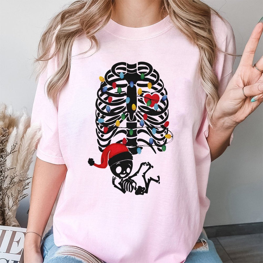 Christmas Pregnancy T-Shirt | Skeleton Baby & Xmas Lights Graphic | 100% Cotton Premium Tee | Cute Maternity Holiday Gift for Expecting Moms