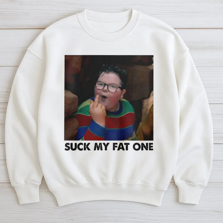 Funny Meme Sweatshirt | Suck My Fat One Middle Finger Design | Premium Cotton Blend Crewneck | Edgy Humor Gift For Friends