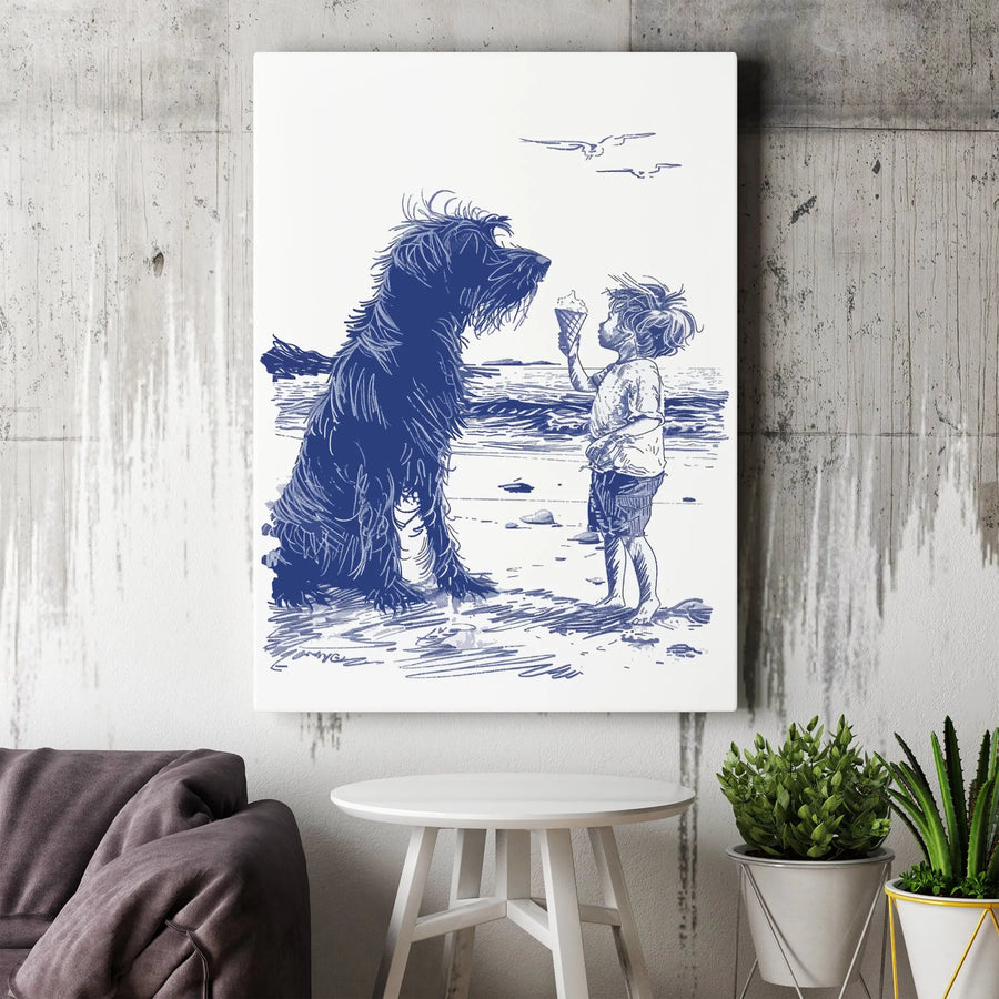 Boy and Dog Beach Art Canvas | Blue Sketch Illustration | Premium Gallery Wrapped 1.25" Profile | Heartwarming Coastal Wall Decor Gift