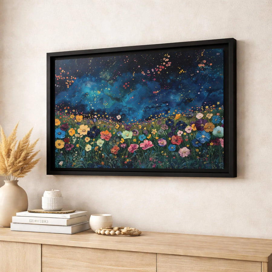 Wildflower Field Canvas Art | Celestial Starry Night Landscape | Premium Gallery Wrapped Print | Nature Home Decor Gift for Wall