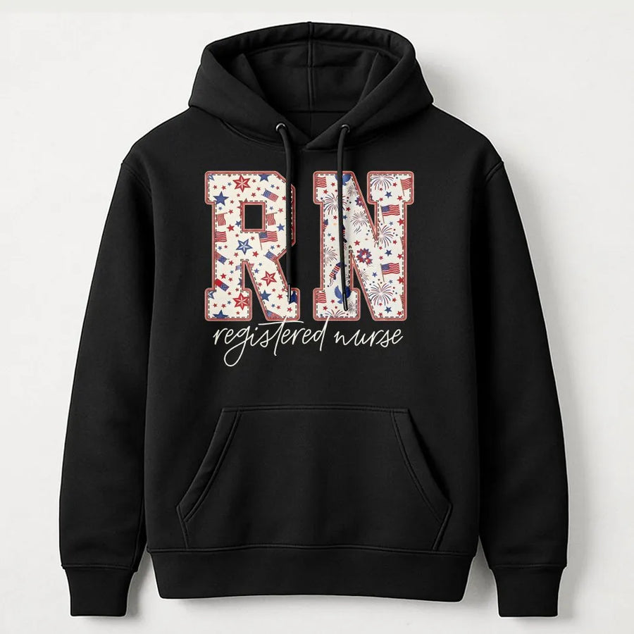 Patriotic RN Hoodie | USA Flag Fireworks Graphic Tee | Soft Cotton Shirt | Gift for Registered Nurse