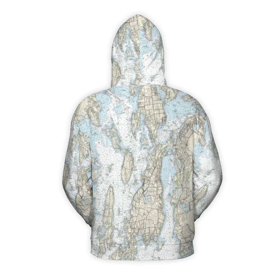 Rhode Island Nautical Map Hoodie | All-Over Print Maritime Chart Design | Premium Brushed Fleece Lining | Unisex Coastal Sailing Gift for Sailors