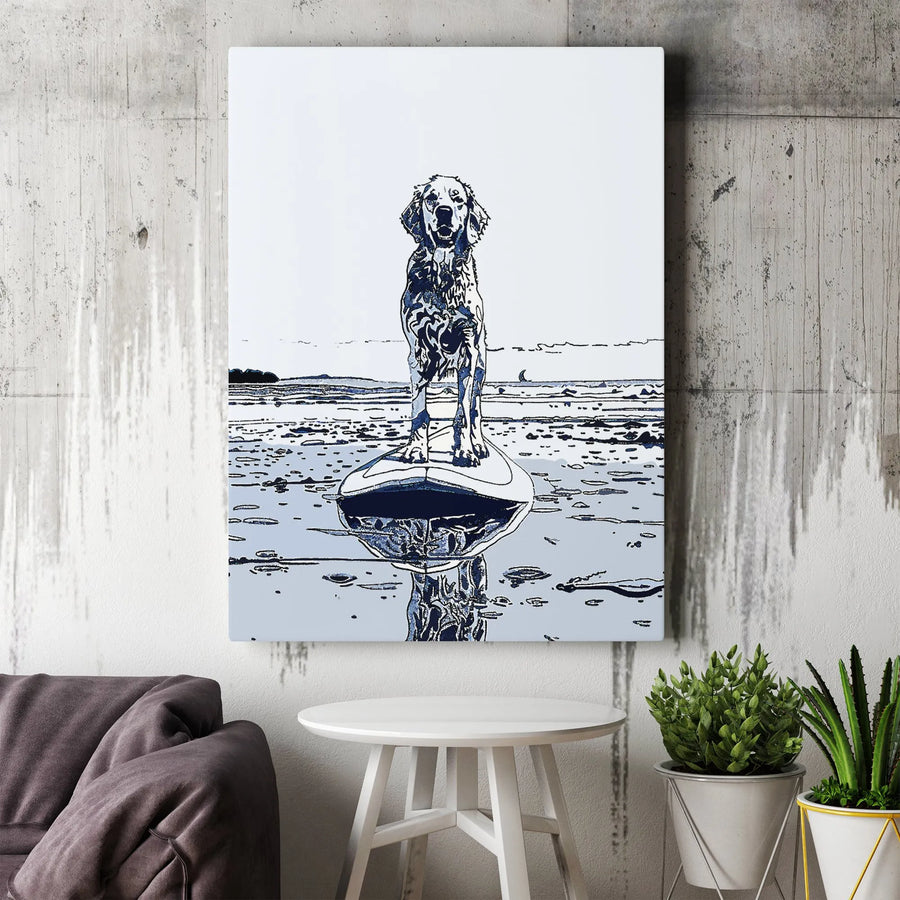 Surfing Golden Retriever Canvas Wall Art | Sketch Style Surfer Dog at Beach | Premium 1.25" Thick Print | Gift for Dog Lover, Coastal Home Decor