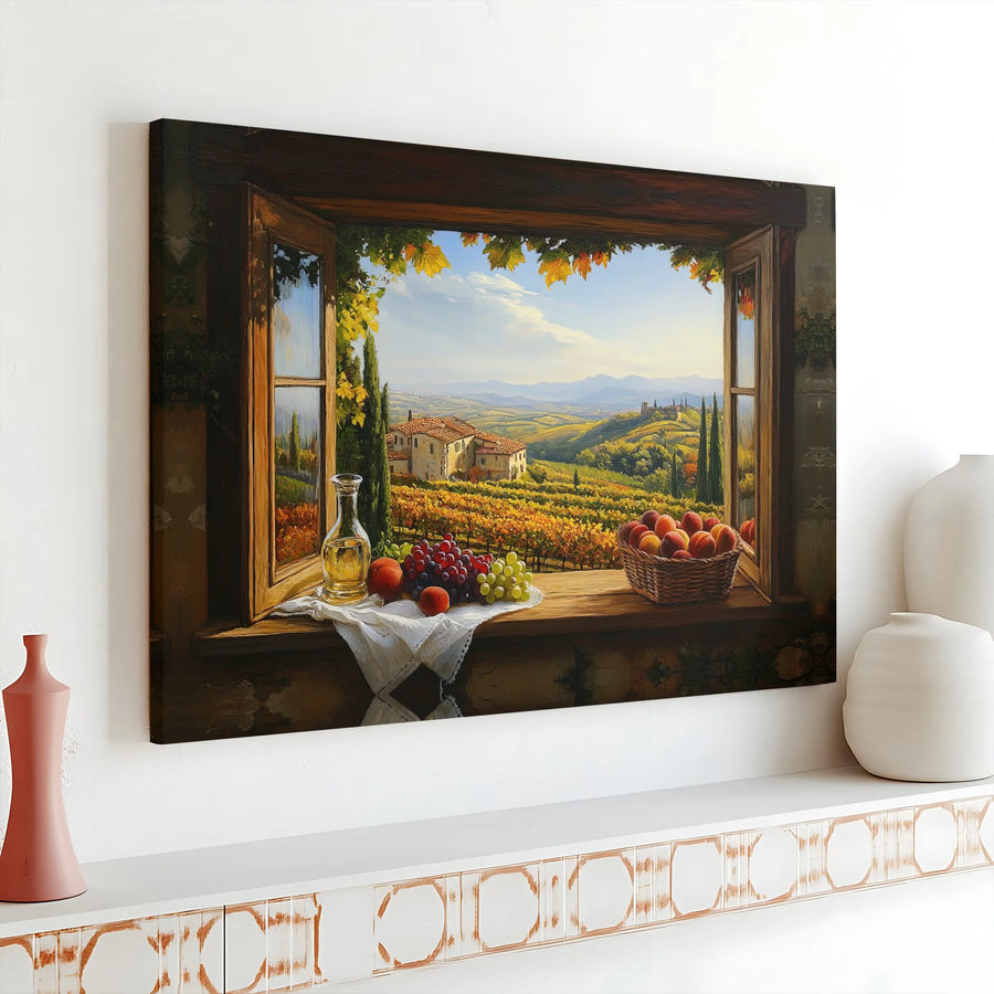 Tuscan Vineyard Window Canvas Print | Italian Countryside Landscape Wall Art | Premium Gallery-Wrapped Decor | Gift for Wine Lovers