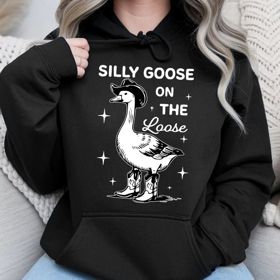 Silly Goose On The Loose Hoodie | Cowboy Goose Graphic Sweatshirt | Premium Cotton Blend Pullover | Cute Farm Animal Western Gift For Him Her