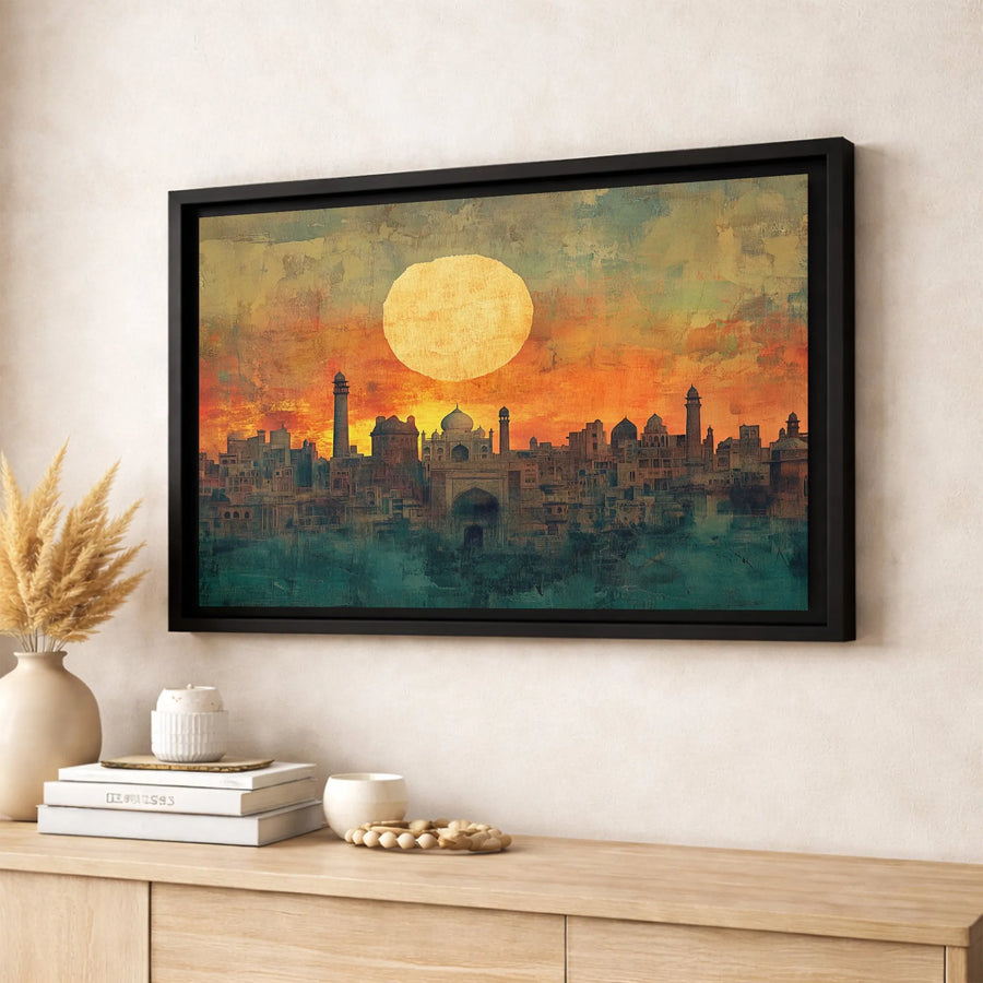 Taj Mahal Cityscape Canvas Art | Abstract Sunset Indian Architecture | Premium Gallery Wrap Print | Travel Lover Wall Decor Gift
