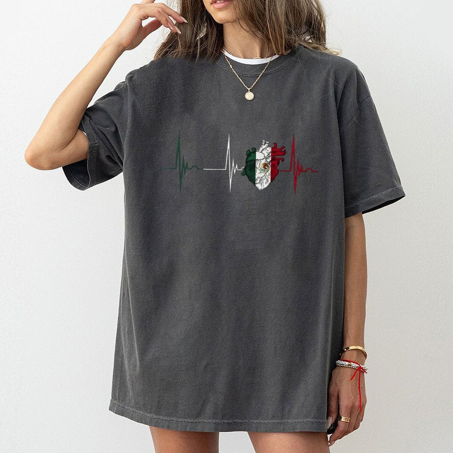 Mexico Heartbeat Flag T-Shirt | Anatomical Heart EKG Print | 100% Cotton Premium Tee | Mexican American Heritage Gift for Him Her