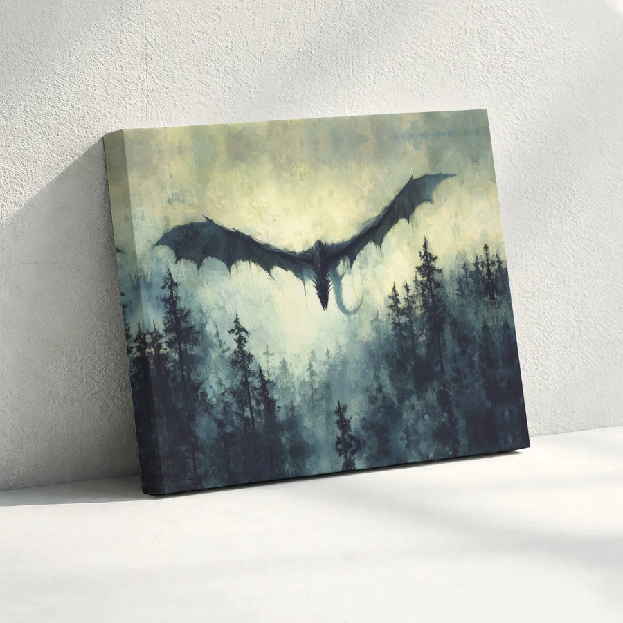 Dragon Wall Art Canvas | Misty Forest Fantasy Landscape | Gallery Quality Print | Dark Fantasy Decor for Bedroom or Living Room