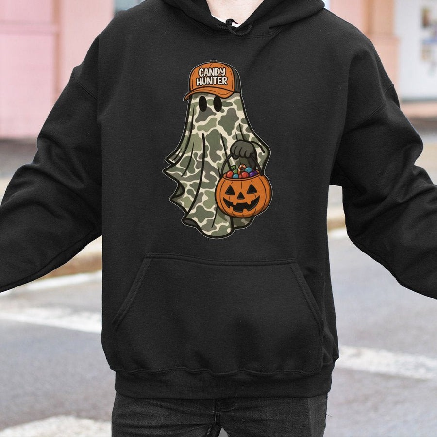 Candy Hunter Ghost Hoodie | Camo Halloween Graphic Sweatshirt | Cotton-Polyester Premium Quality | Spooky Trick or Treat Gift for Adults