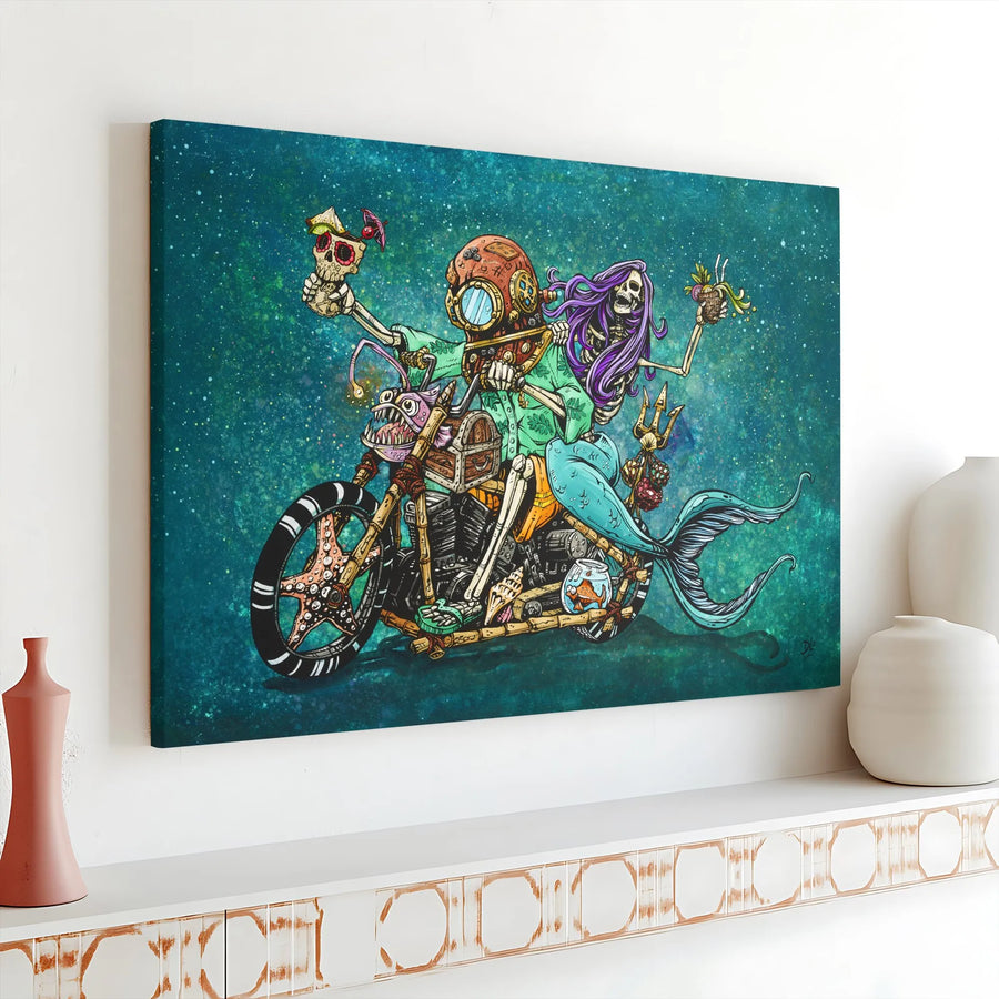 Skeleton Mermaid Canvas Print | Psychedelic Diver and Mermaid on Motorcycle | Premium Fade-Resistant Print | Unique Collector's Wall Decor Gift