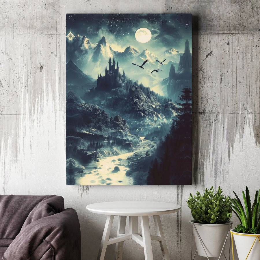 Gothic Castle Canvas Wall Art | Moonlit Dragon Mountain Landscape | Premium Canvas Print | Collector's Gift for Fantasy Lovers & Gamers