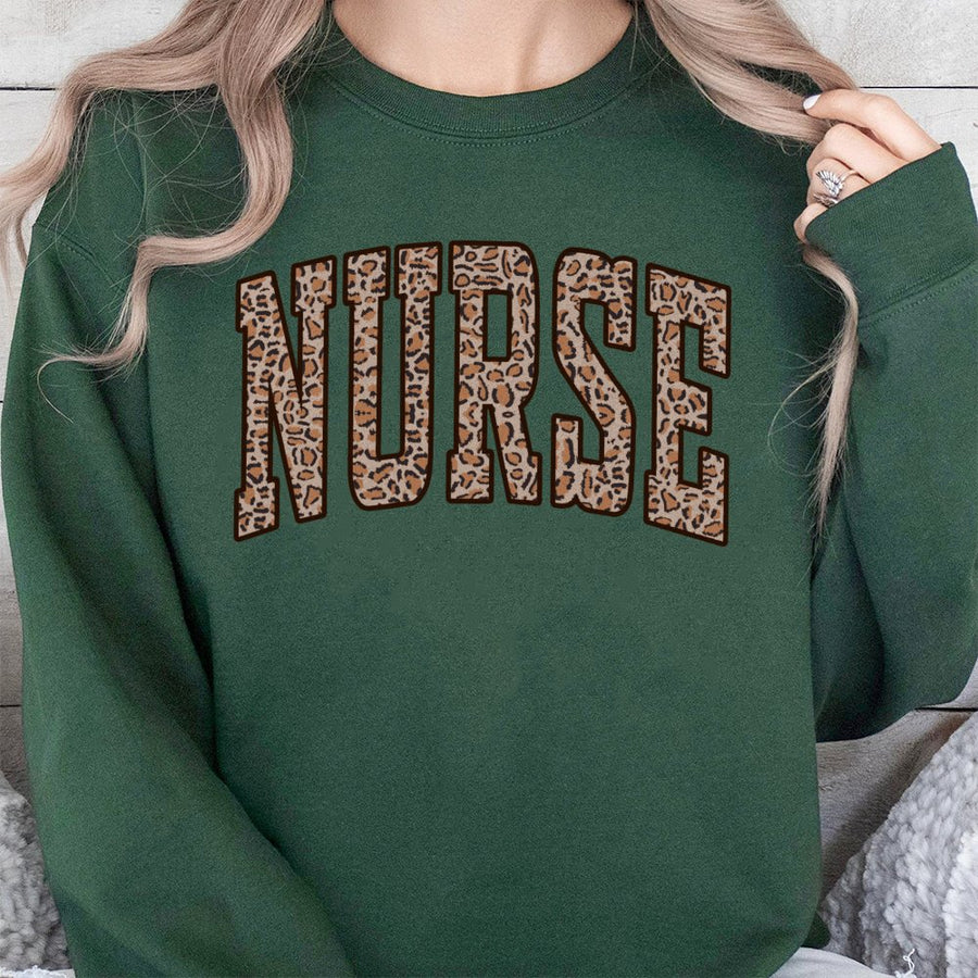 Nurse Sweatshirt | Leopard Print Varsity Letter Design | Soft Cotton Blend Premium Quality | Cute Gift for Nurses and Nursing Students