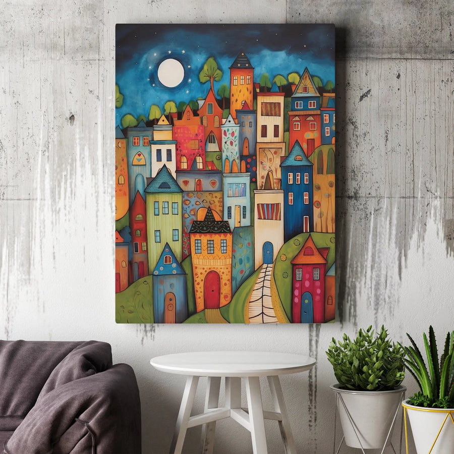 Whimsical Town Canvas Print | Colorful Folk Art Cityscape | Thick Gallery Wrap Canvas | Unique Home Decor Gift