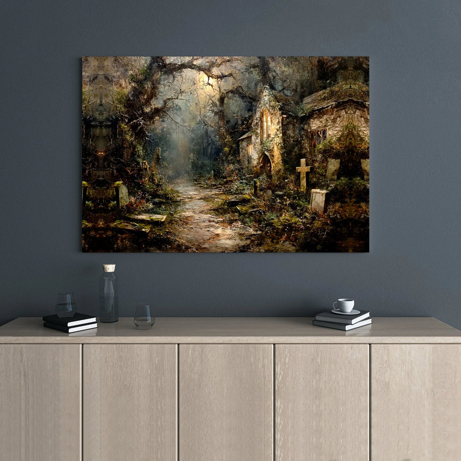 Gothic Cemetery Canvas Wall Art | Haunted Forest Church Oil Painting Style | Premium Gallery Wrap Print | Dark Academia Home Decor Gift