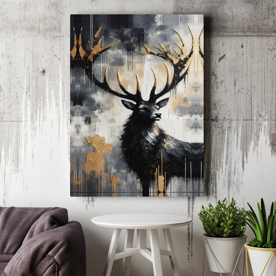 Abstract Stag Canvas Wall Art | Gold Antler Forest Animal Painting | Premium Gallery Wrap Decor | Modern Office Living Room Gift