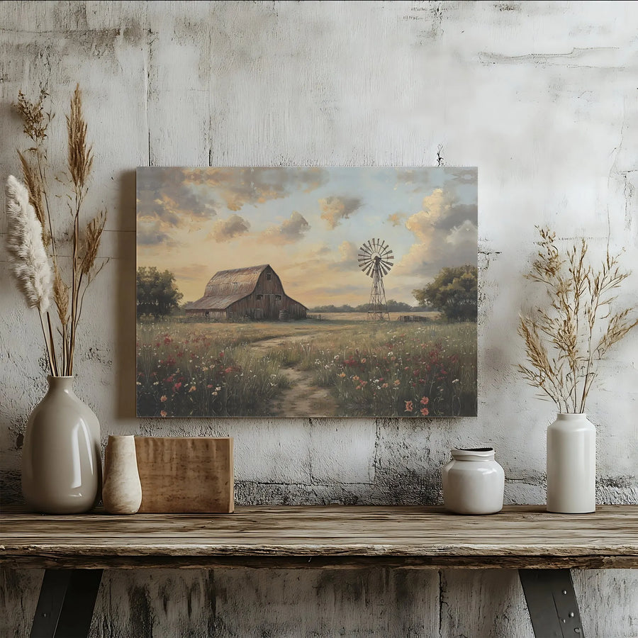 Rustic Barn Canvas Wall Art | Windmill Wildflower Meadow Landscape | Premium Gallery-Wrapped Print | Farmhouse Home Decor for Living Room