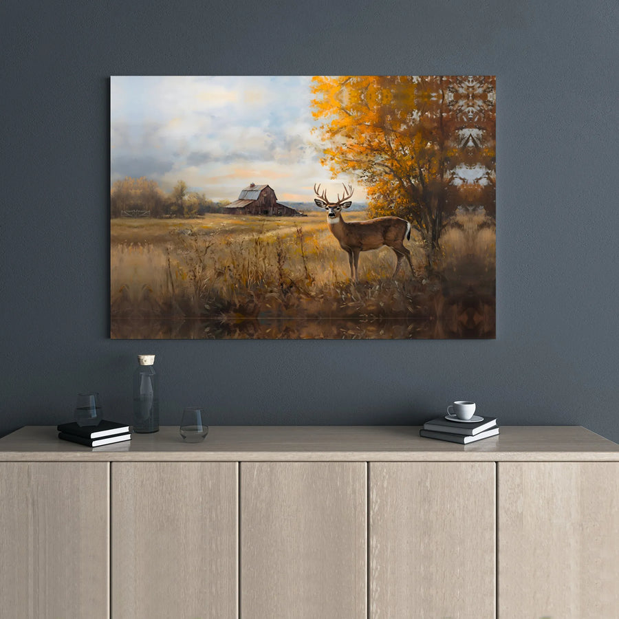 Buck Deer Wall Art | Autumn Countryside Farmhouse Landscape | Premium Gallery Wrap Canvas | Rustic Home Decor Gift for Nature Lovers