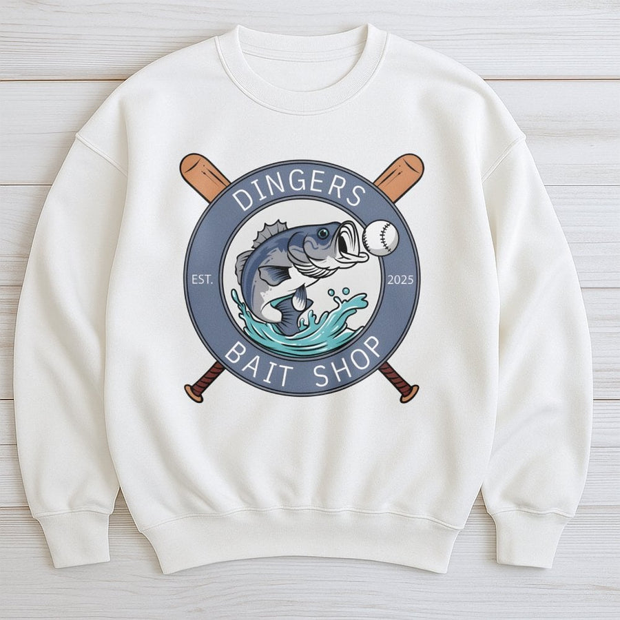 Dinger Bait Shop Sweatshirt | Funny Fishing Baseball Graphic | Premium Cotton Blend Unisex Crewneck | Unique Gift for Fisherman and Baseball Fan