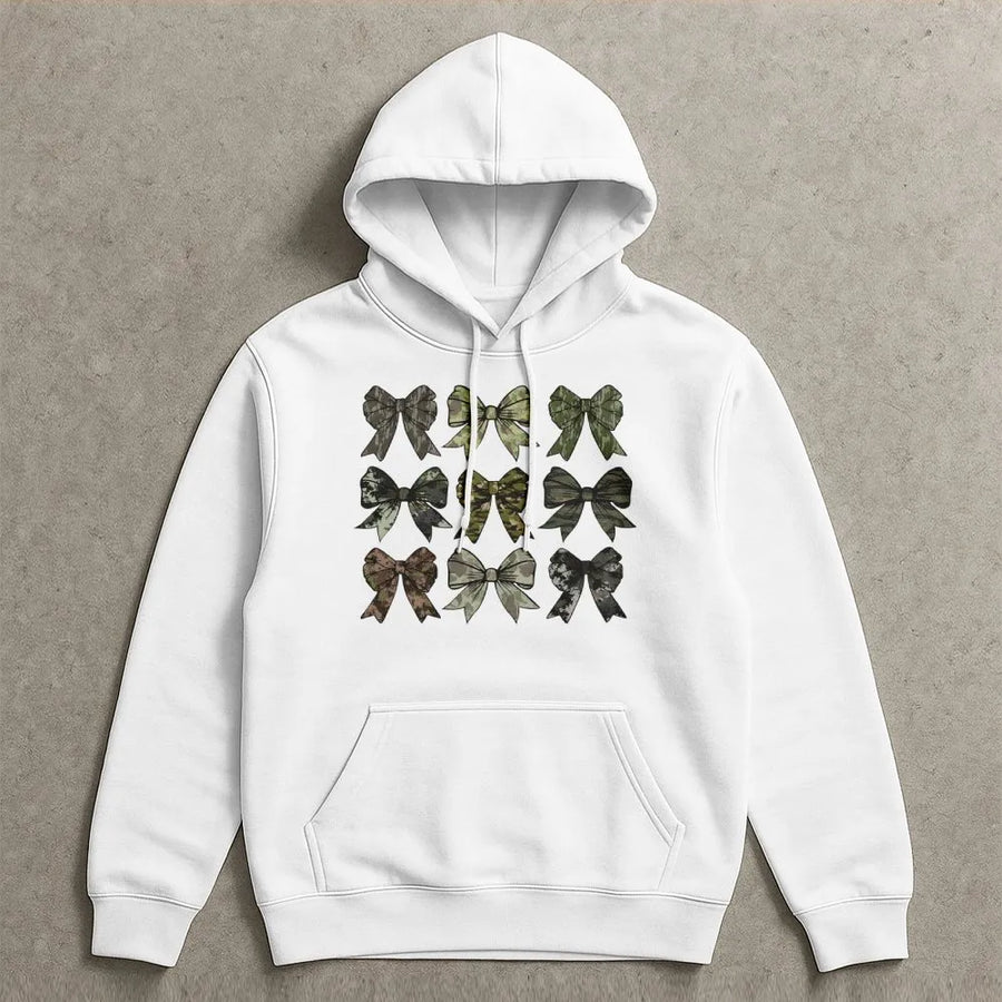Camo Bow Hoodie | Country Girl Aesthetic Graphic Sweatshirt | Premium Cotton-Poly Blend | Cute Hunting Apparel Gift for Women