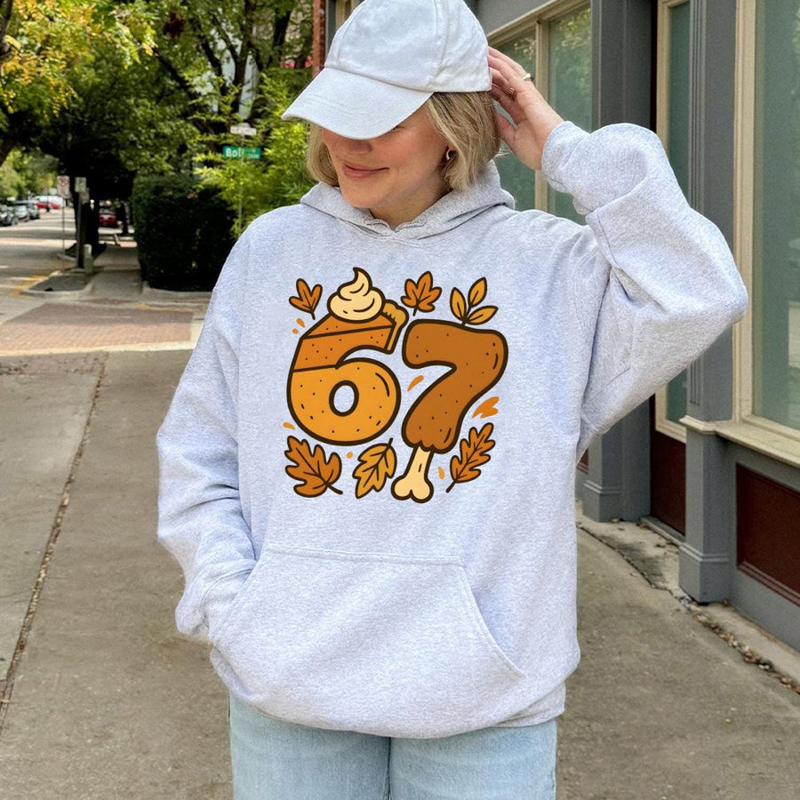 67th Birthday Hoodie | Funny Thanksgiving Turkey Leg Pumpkin Pie Graphic | Premium Cotton Blend | Gift for 67 Year Old Birthday Celebration