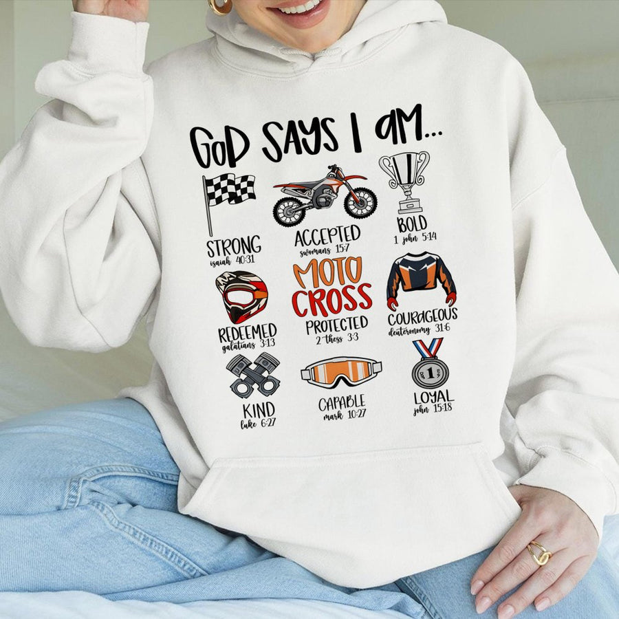 Motocross Hoodie | God Says I Am Christian Graphic Design | Premium Cotton-Blend | Religious Gift for Dirt Bike Riders and Motocross Fans