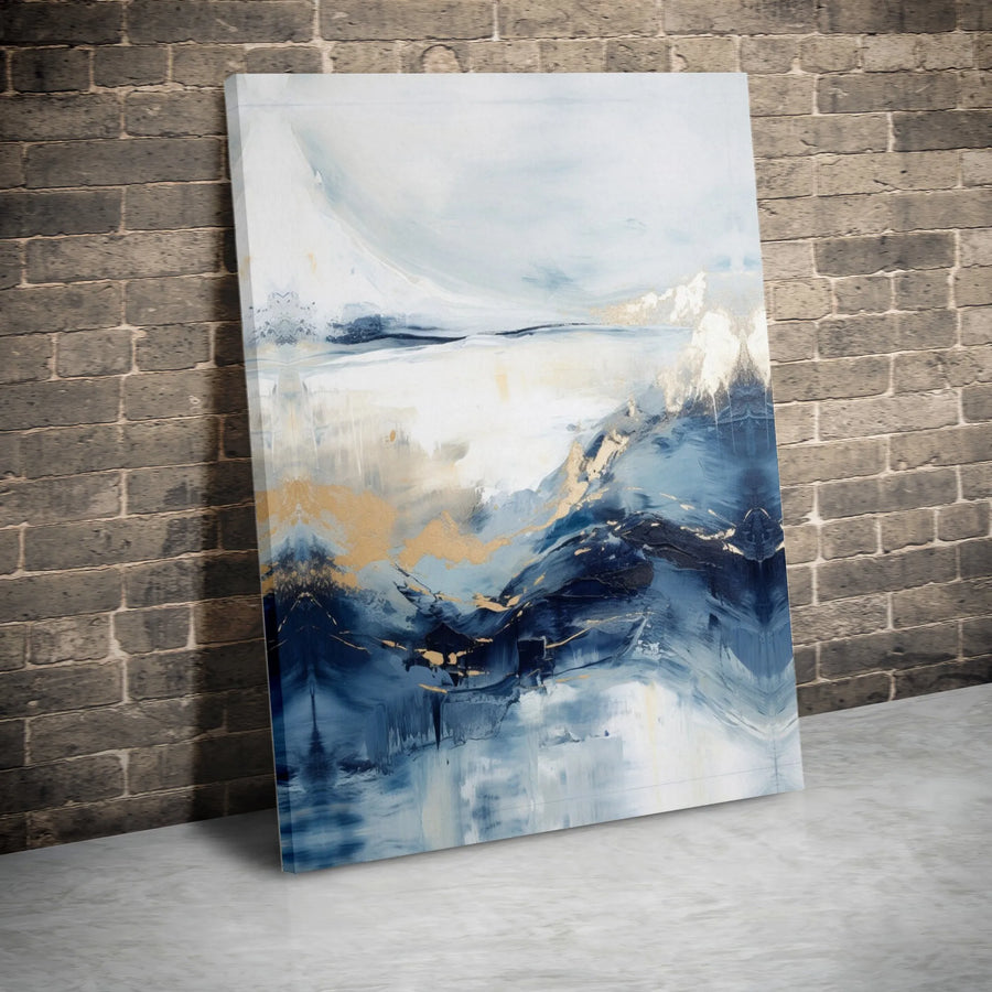 Abstract Blue Seascape Canvas Wall Art | Gold Foil Effect Modern Painting | Premium Gallery Wrap Print | Luxury Coastal Home Decor Gift