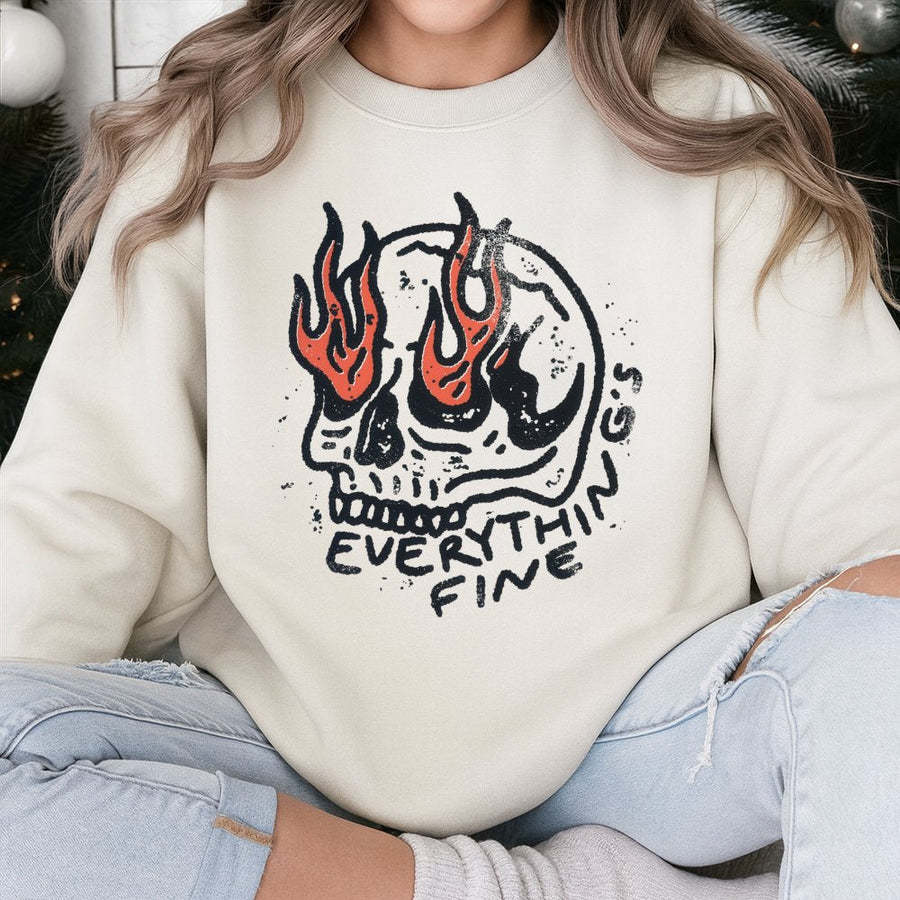 Everything Is Fine Skull Sweatshirt | Burning Head Graphic Print | Premium Cotton Blend | Edgy Grunge Gift for Him and Her