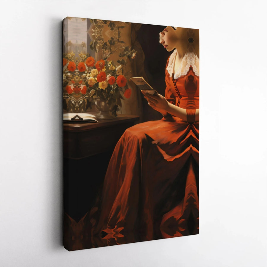 Woman Reading Book Wall Art | Surrealist Red Dress Portrait | 1.25 Inch Gallery Wrap Canvas | Premium Aesthetic Home Decor Gift