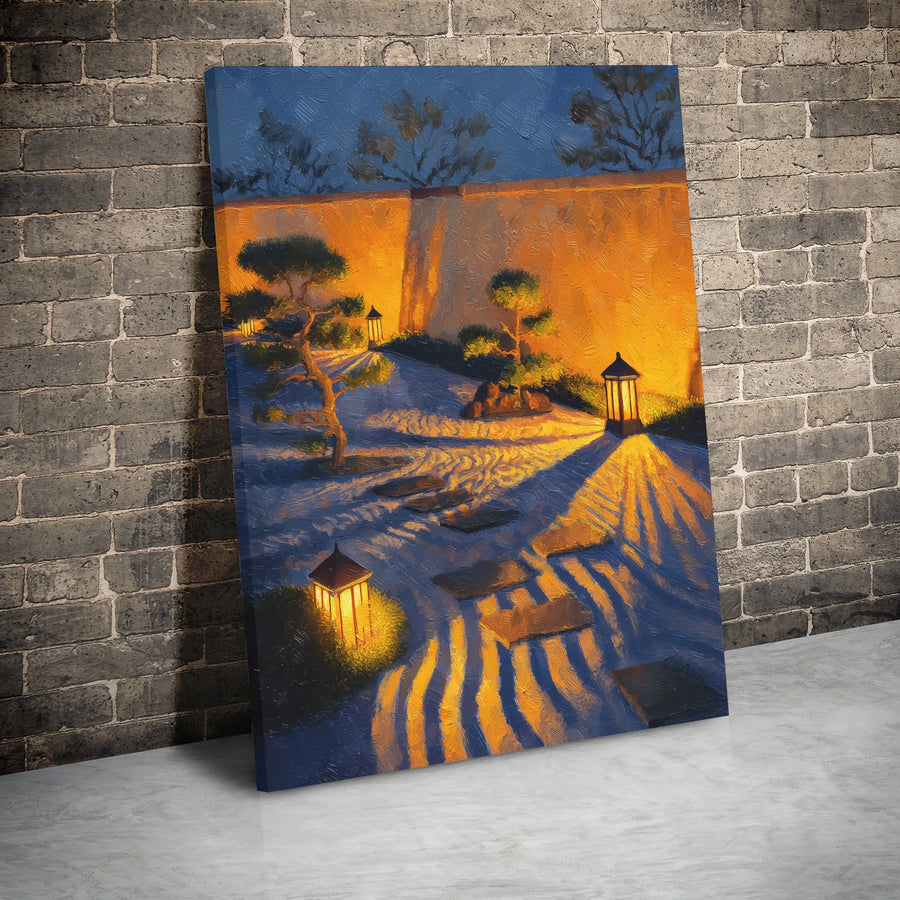 Japanese Zen Garden Canvas Wall Art | Night Impressionist Painting with Glowing Lanterns | Premium Gallery-Wrapped Print | Peaceful Home Decor Gift