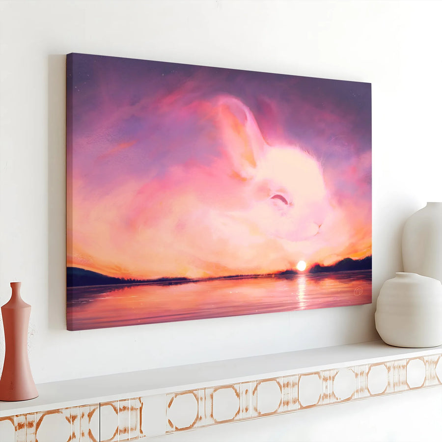 Surreal Bunny Cloud Canvas Art | Whimsical Sunrise Sky Painting | Premium Fade-Resistant Print | Unique Nursery Decor Gift for Rabbit Lovers
