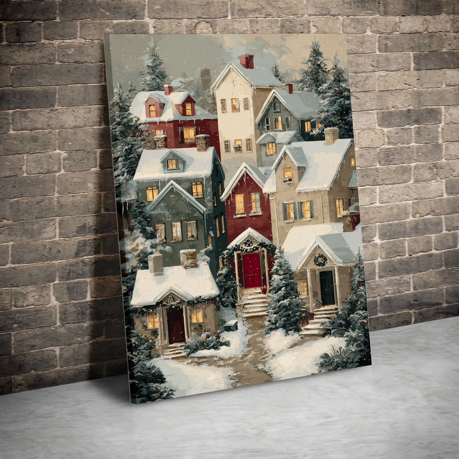 Snowy Christmas Village Canvas | Winter Pine Trees Holiday Landscape | Premium Gallery Wrapped Wall Art | Festive Home Decor Gift