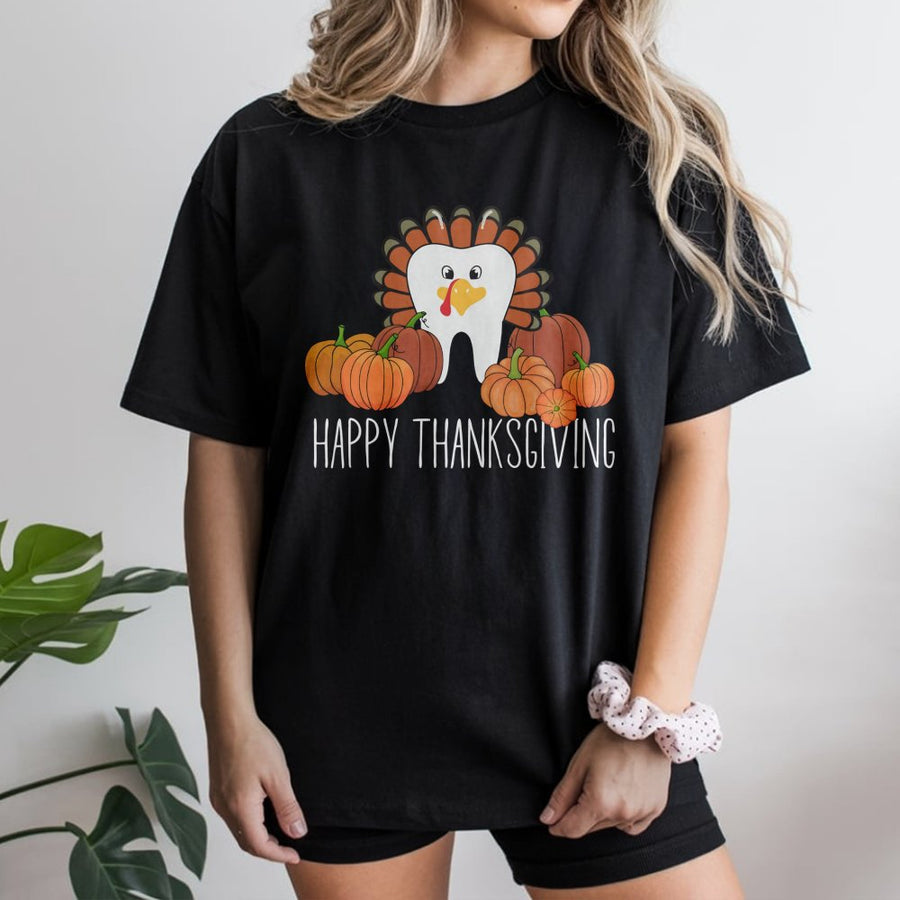 Happy Thanksgiving Tooth T-Shirt | Funny Dental Hygienist Turkey Pumpkin Graphic | 100% Cotton Premium Tee | Dentist Holiday Gift