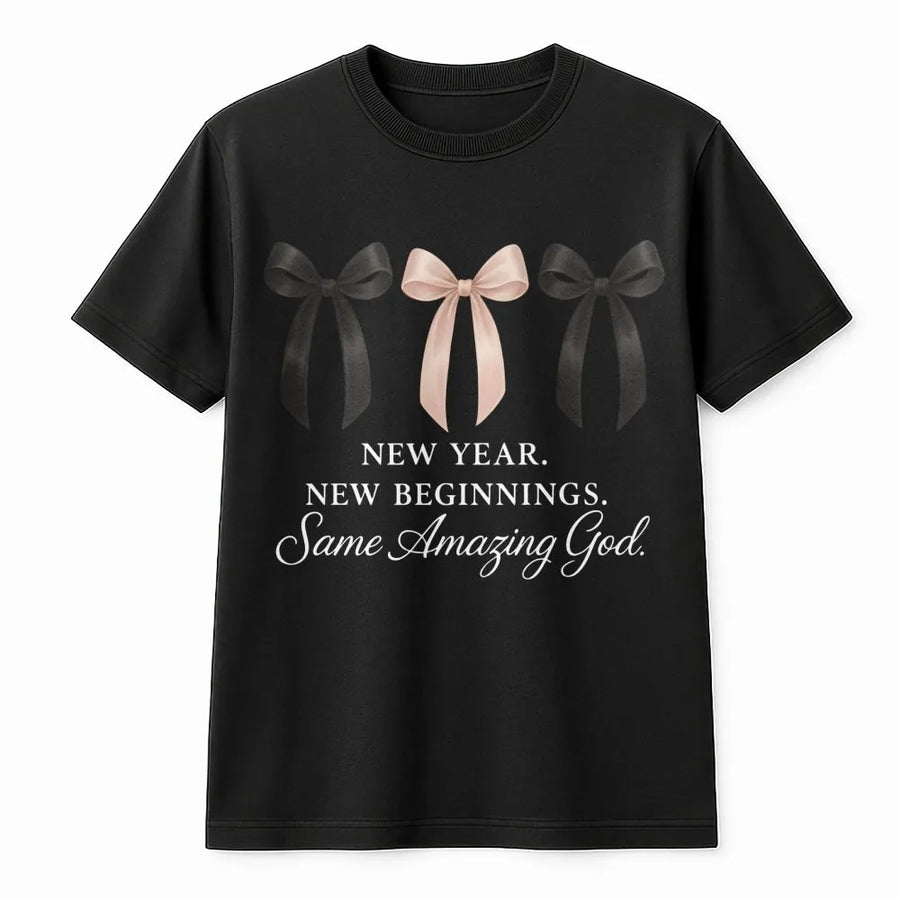 New Year New Beginnings Same Amazing God T-Shirt | Christian Ribbon Graphic Print | Premium Soft Cotton Tee | Faith-Based Gift for Women & Men