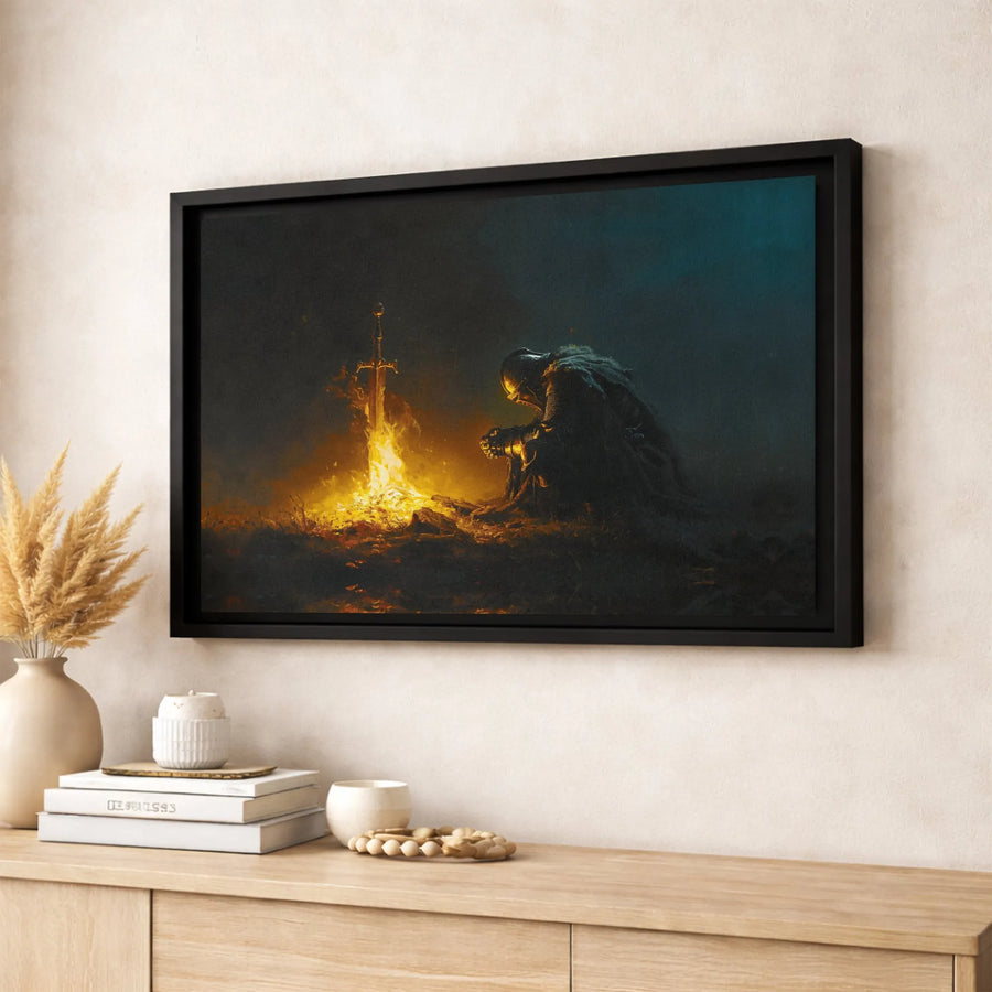 Knight Kneeling at Bonfire Canvas | Dark Fantasy Gaming Wall Art | Premium Gallery Wrapped Print | Gift for RPG Gamer & Fantasy Collector