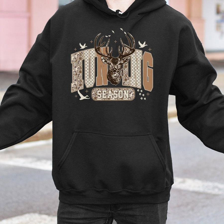 Hunting Season Hoodie | Retro Deer Head Graphic with Camo Print | Premium Cotton-Blend | Gift for Hunters and Outdoorsmen