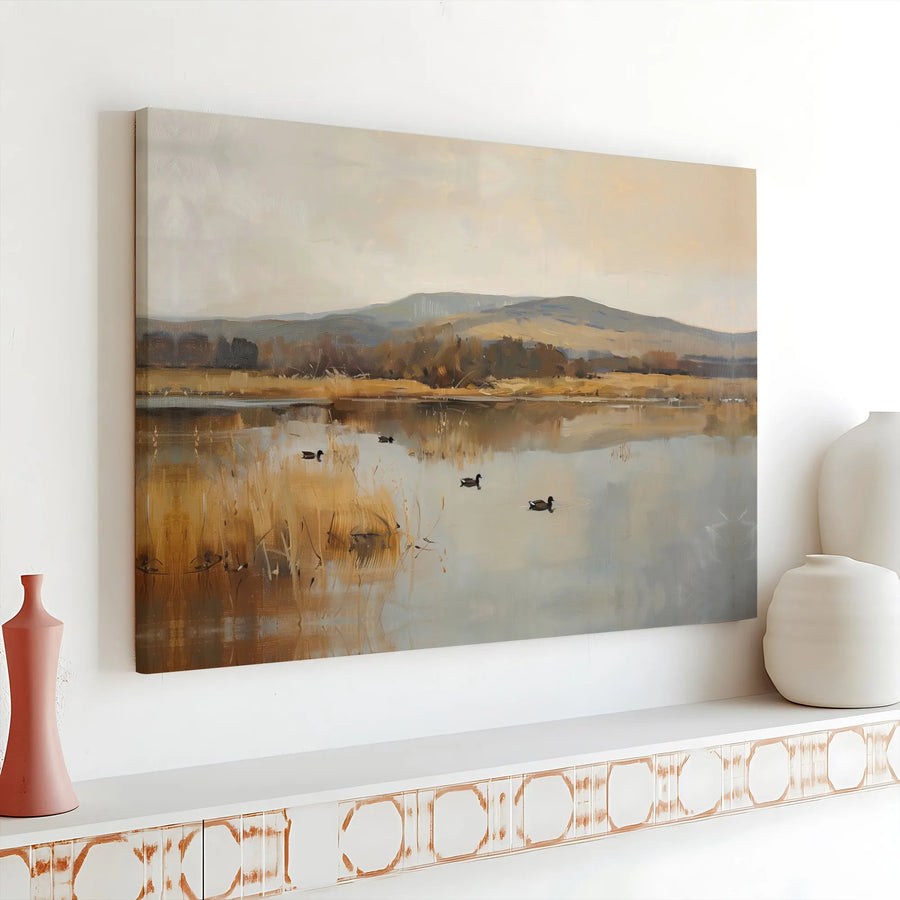 Lake Landscape Canvas Wall Art | Peaceful Duck Pond Painting | Gallery Wrapped 1.25" Premium Print | Nature Inspired Home Decor for Living Room