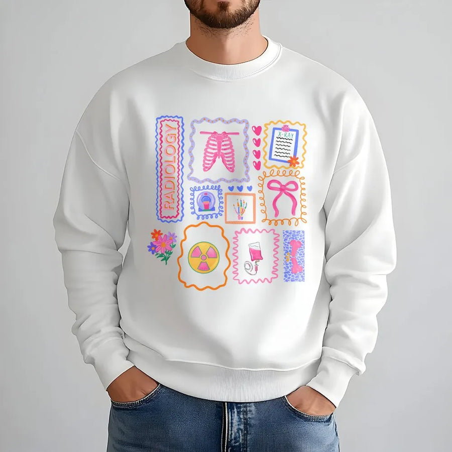Radiology Tech Sweatshirt | Cute Medical Icons Graphic Sweatshirt | Premium Cotton Blend | Gift for Rad Tech, Xray Technician Appreciation
