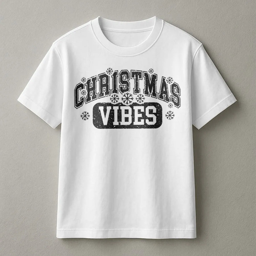 Christmas Vibes T-Shirt | Retro Varsity Snowflake Graphic | Premium Soft Cotton Blend | Festive Holiday Gift for Women and Men