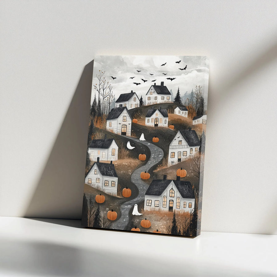 Halloween Village Canvas Wall Art | Spooky Ghost and Pumpkin Town Scene | Premium Gallery Wrap | Festive Fall Home Decor Gift