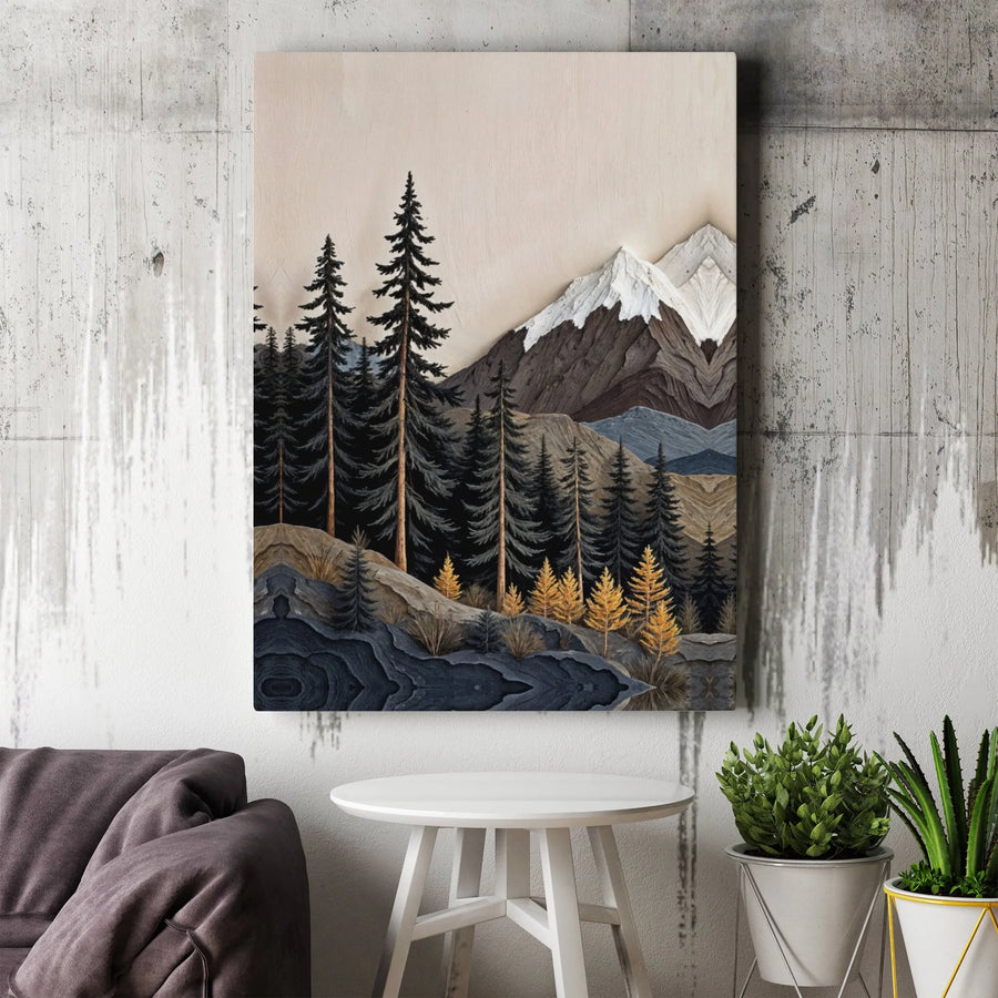 Mountain Forest Landscape Canvas Art | Textured Woodcut Nature Scene | Premium Gallery Wrap Wall Decor | Rustic Modern Cabin Home Gift