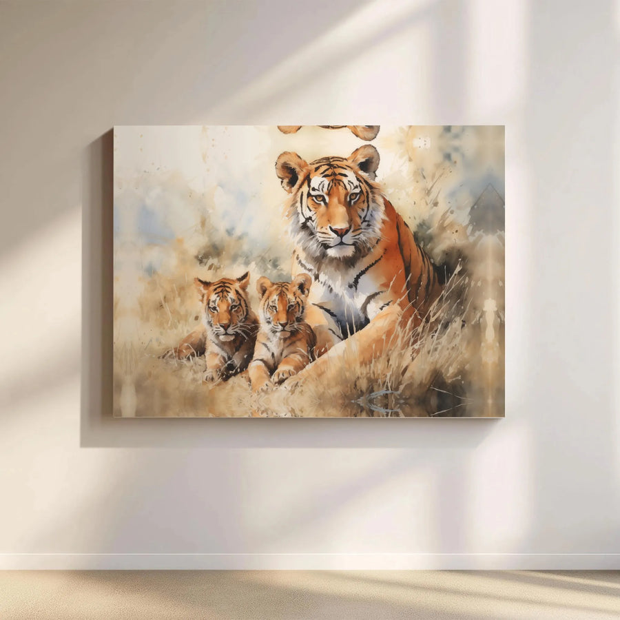 Tiger Family Canvas Wall Art | Watercolor Mother Tigress and Two Cubs Print | Premium Gallery-Wrap Decor | Wildlife Lover Gift