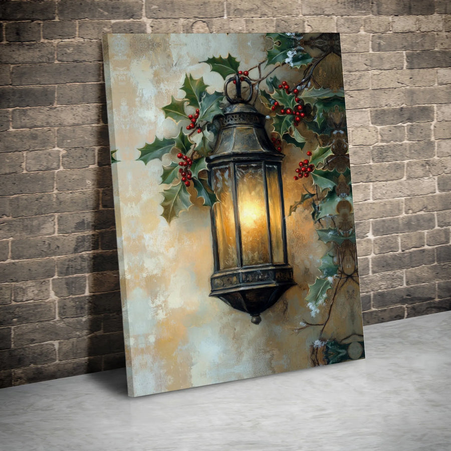 Christmas Lantern Canvas Print | Glowing Holly And Berries Wall Art | Premium 1.25" Gallery Wrap | Holiday Home Decor Gift