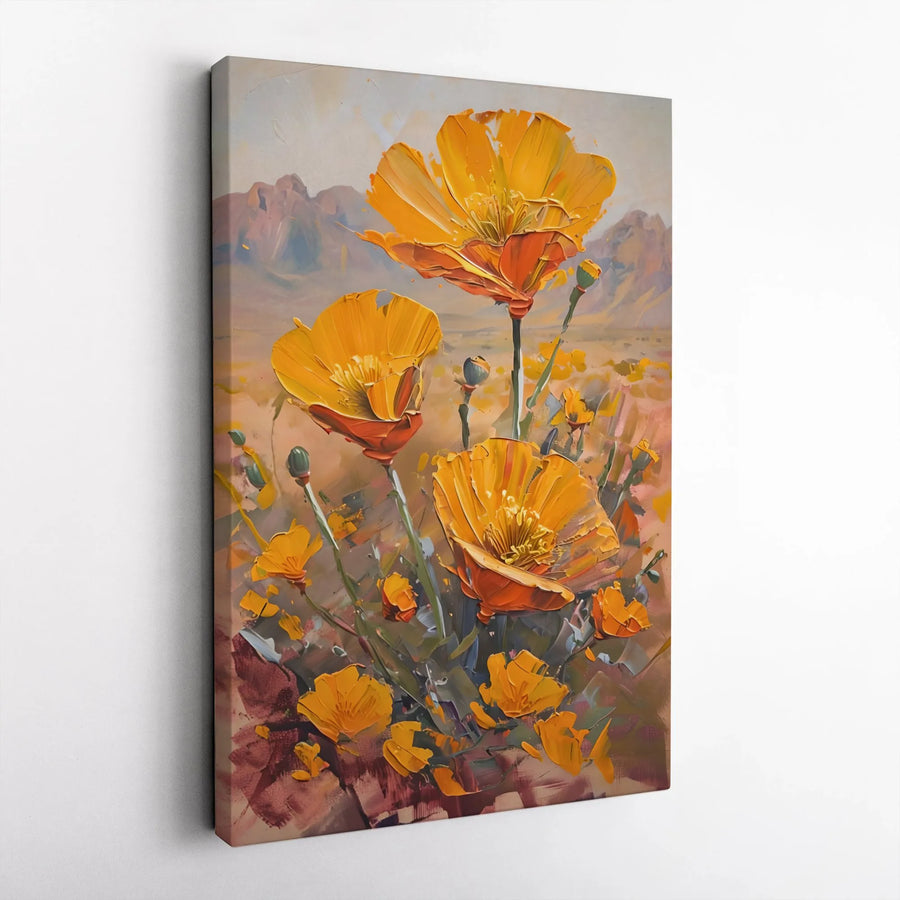 California Poppy Flower Wall Art | Impasto Oil Painting Style | Premium Gallery Wrapped Canvas | Botanical Mountain Home Decor Gift