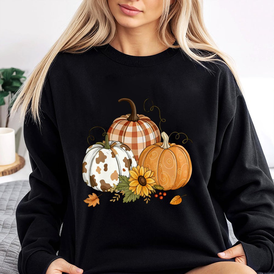 Fall Pumpkin Sweatshirt | Rustic Floral Cow Print Design | Premium Cotton Blend | Cozy Thanksgiving Aesthetic Gift For Women