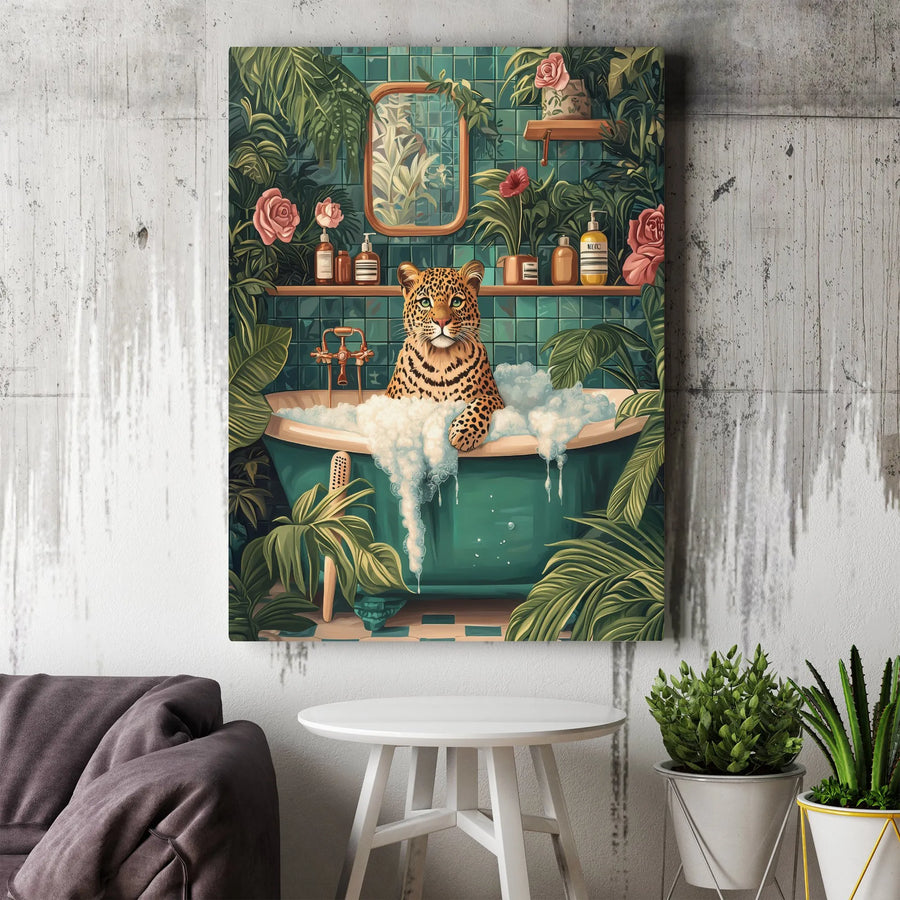 Leopard Bathroom Wall Art | Tropical Jungle Animal Bubble Bath Canvas | Premium Gallery Wrapped Decor | Whimsical Animal Portrait For Home