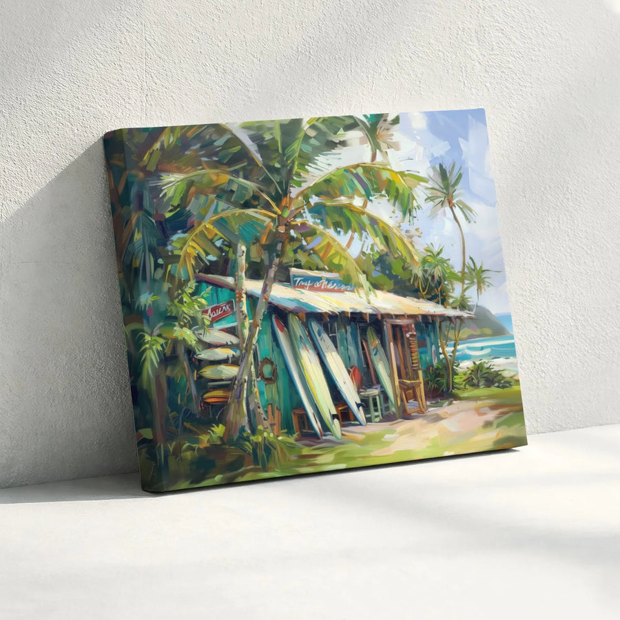 Tropical Surf Shack Canvas Print | Painterly Ocean Scene with Palm Trees | Premium Stretched Canvas | Coastal Home Decor Gift