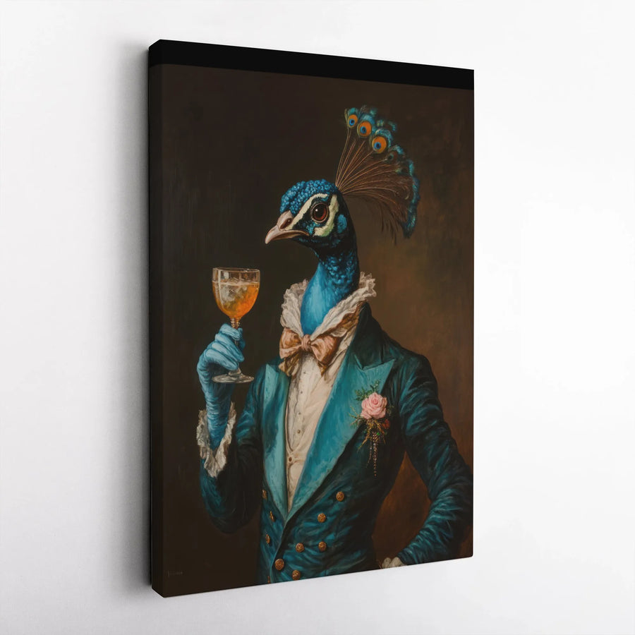 Dapper Peacock Wall Art | Sophisticated Animal Portrait in Blue Tuxedo | Premium Gallery-Wrap Canvas | Quirky Home Office Decor Gift