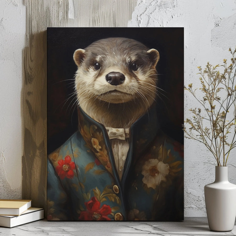 Dapper Otter Canvas Wall Art | Victorian Floral Suit Portrait | Premium Gallery Wrap Print | Quirky Animal Decor Gift for Office and Home