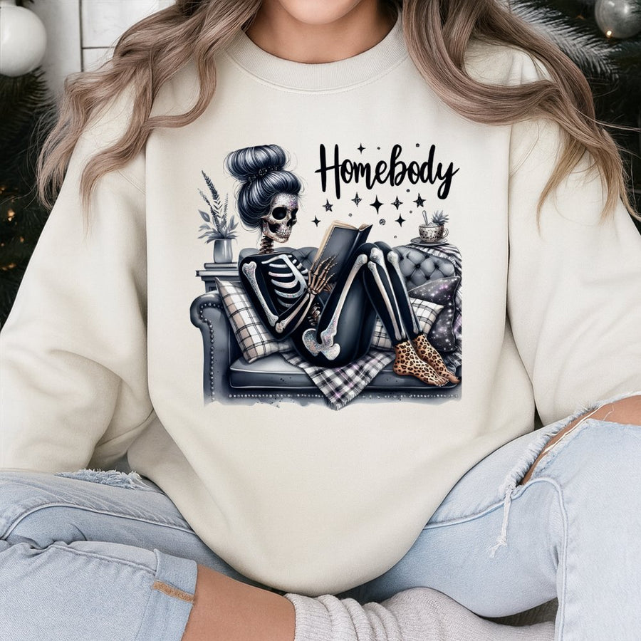 Homebody Skeleton Reading Sweatshirt | Funny Reading Lover Graphic | Soft Cotton Blend Unisex Pullover | Cozy Bookworm Gift for Her